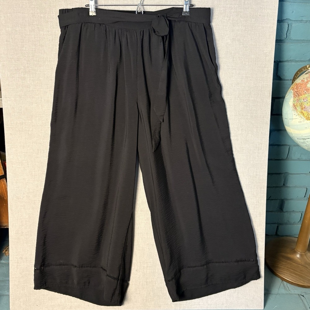 Black Wide Leg Palazzo Pants 2x With Sash Belt And Ladder Stitch Full Length XXL